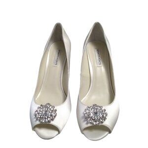 Benjamin Adams Size 8 Helen Ivory Silk Satin Wedge Open Toe Swarovski Crystal